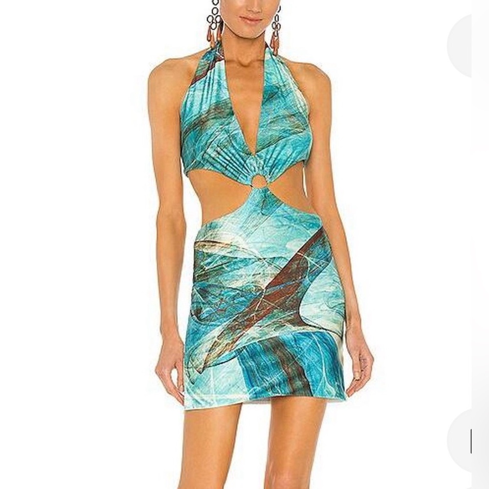 Farai London Gaia Mini Halter Dress in Ocean Blue size S
